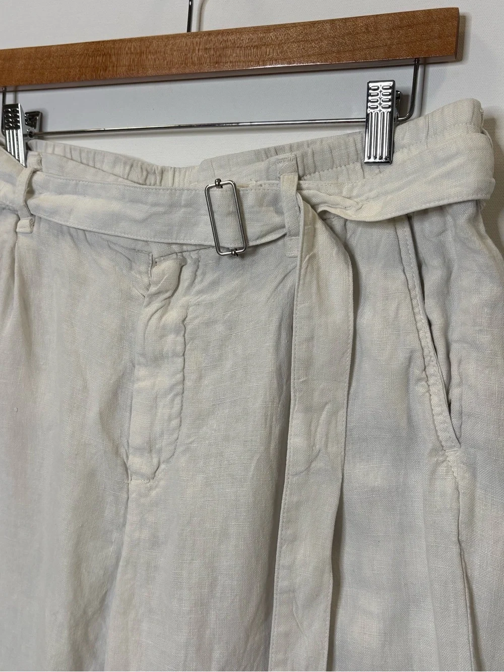 Zara 100% Linen Trouser Pant Womens Size 32 Natural Ecru Belted Wide Leg Pockets